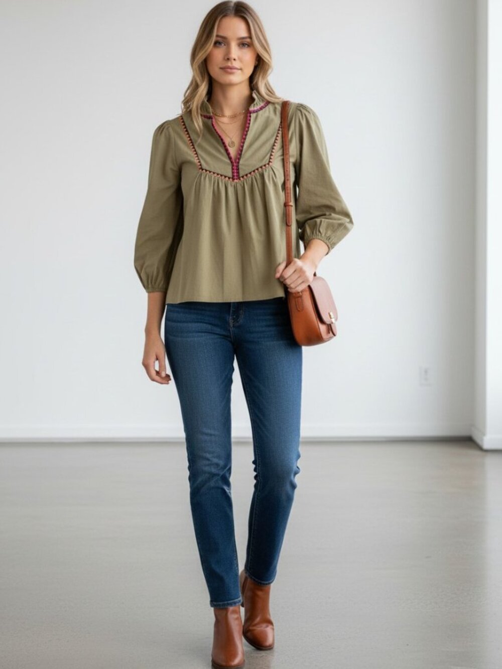 Able NWT Olive Green Embroidered Cotton Blouse Medium Boho 3/4 Sleeve M